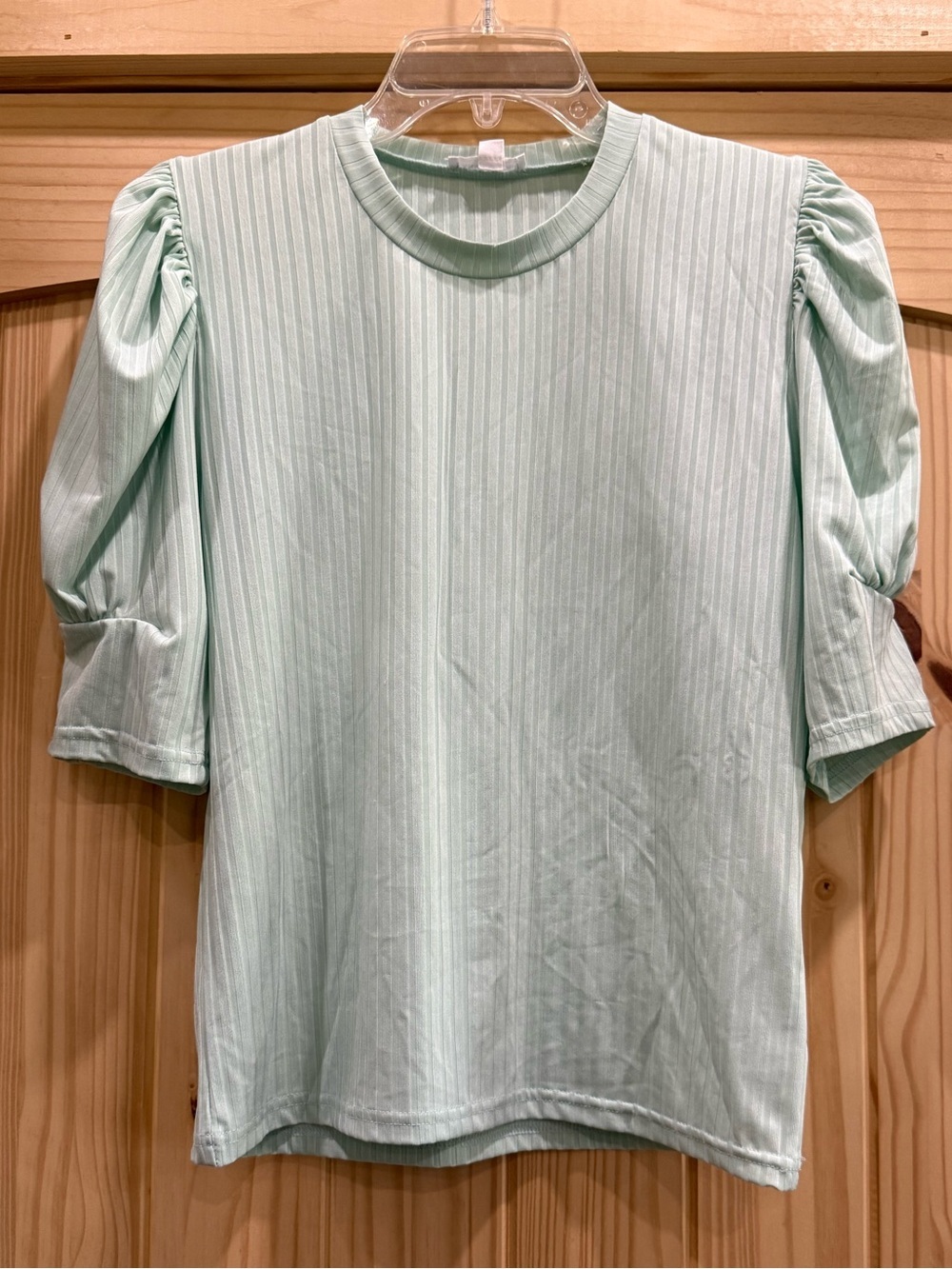 Anniewear Mint Green Puff‎ Sleeve Ribbed Crewneck Top